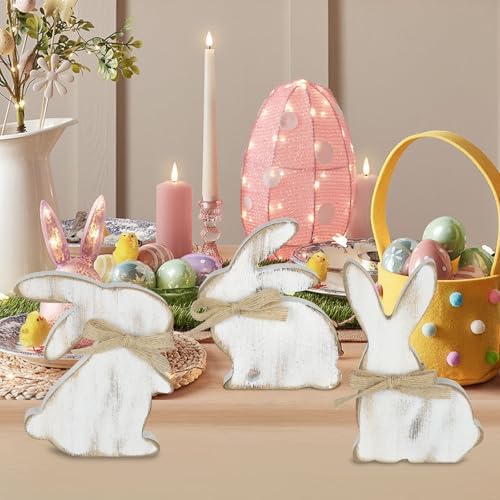 3Pcs Easter Decorations, Farmhouse Wooden Bunny Table Decor Rustic Rabbit Centerpieces Sign for Home Tiered Tray Mantel Office Party Supplies (White)