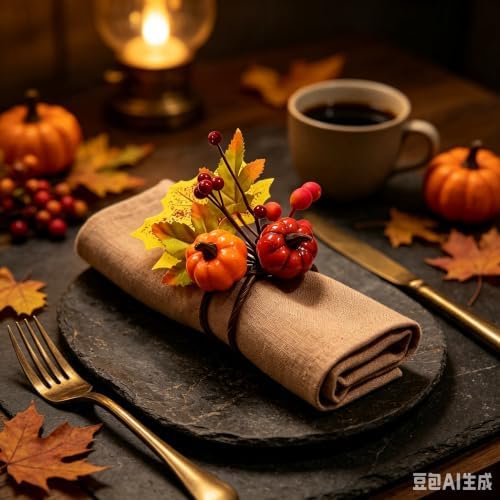 24 PCS Fall Napkin Rings Thanksgiving Napkin Rings Fall Napkin Holder Buckles with Maple Leaves Berries Autumn Harvest Table Decor for Dinner Party Banquet Wedding