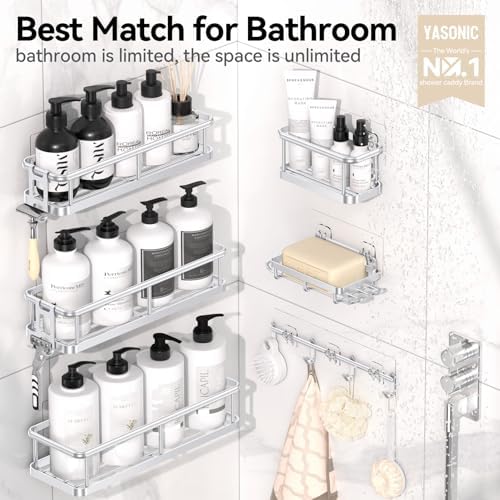 YASONIC Shower Caddy Adhesive, Rustproof Shower Organizer with Soap Holder, Large Capacity Shower Shelves for Inside