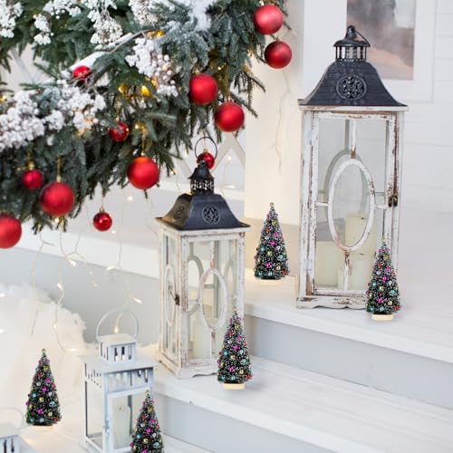 Winlyn 6 Pcs Mini Tabletop Christmas Trees 6.3 Inch Frosted Green Bottle Brush Trees with Wood Bases Small Sisal Trees with White Snow and Ornaments for Winter Christmas Holiday Decor Tiered Display