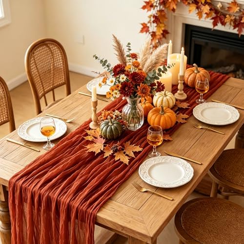 Fall Table Runner, 10FT Thanksgiving Terracotta Cheesecloth Table Runner 35*120inch Burnt Orange Decor for Autumn Fall Wedding Baby Shower Friendsgiving Thanksgivig Home Kitchen Table Decorations