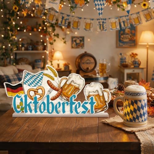 Smile Oktoberfest Wooden Standing Decor, German Flag Pretzel Beer Mug Tiered Tray Tabletop Signs with Stands for Home Bar Party Decor