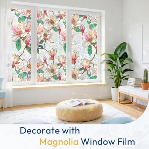 rabbitgoo Stained Glass Window Privacy Film, Magnolia, 17.5" x 118.1"