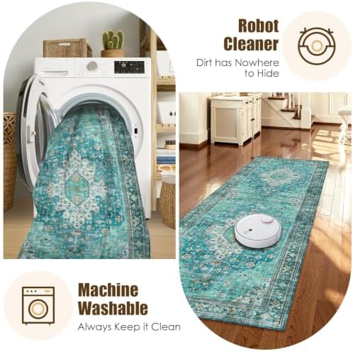 Washable Area Rug 2'6'' x 8' Vintage Traditional Persian Mat - Foldable Distressed Non-Slip Machine Washable Carpet for