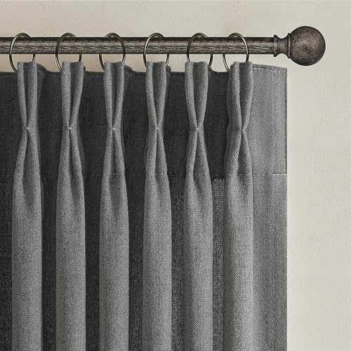 Dark Grey Memory Shaped Pinch Pleated Living Room Curtains 84 Inches Long 2 Panels Set, Textured Linen Semi Sheer