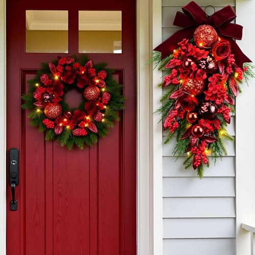 YULETIME 24" Christmas Teardrop Swag, Red Hydrangea Baubles 20 Fairy Lights