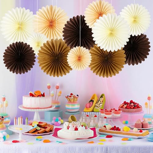 BestoFun 12PCS Paper Fans Brown Neutral Boho Party Decorations Tissue Paper Flowers Paper Fans Party Decorations for Girl Groovy Birthday Baby Shower Wedding Bachelorette Room Wall Hanging Décor