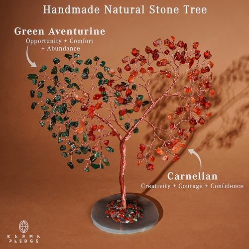 Handmade Healing Crystal Tree of Life Green Avneturine and Carnelian Chakra Tree for Money, Good Luck, Feng Shui Home