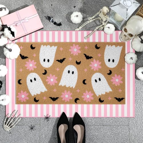 Tinideya 2 Pcs Halloween Pink Ghost Layered Doormat Set