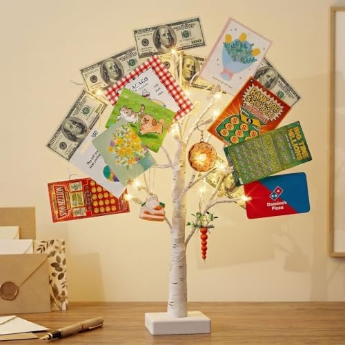 PEIDUO Money Tree, 22 Inch Gift Card Tree Holder with 6 Clips and 6 Greeting Cards, 24 Warm White Birch Tree with Lights, Christmas Tree Card Holder for Birthday Wedding Indoor Xmas Decorations