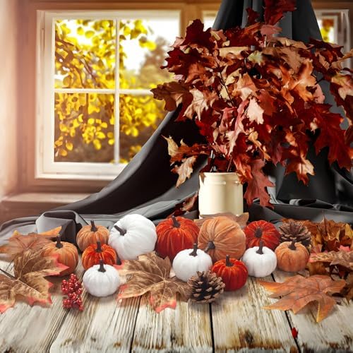 21 PCS Fall Artificial Velvet Pumpkins Set, Fake Fabric Pumpkin Faux Foam Pumpkins, Orange Khaki White Pumpkin Decorations for Fall Harvest Thanksgiving Farmhouse Mantel Centerpiece