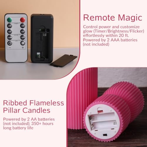 Hot Pink Ribbed Flameless Pillar Candles with Remote Set of 2