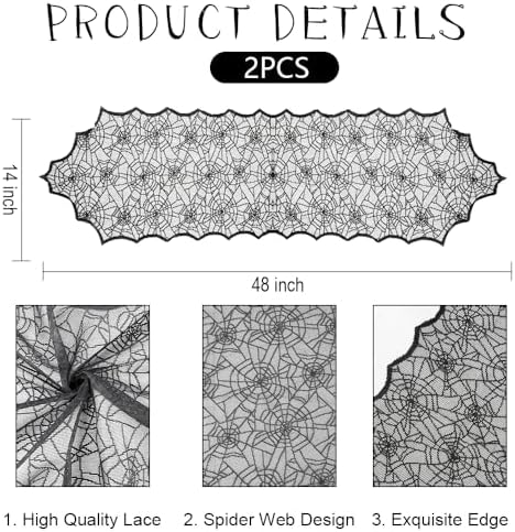 2pcs 14 x 48 Inch Halloween Table Runner Halloween Decorations Black Lace Spider Web Table Runner for Halloween Table Decor Spiderweb Table Runners Lace Runner for Tables Dinning Kitchen Dining Decor