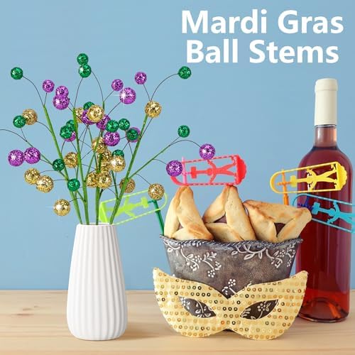 Watayo 4 Pack 15" Large Mardi Gras Ball Centerpiece Stems, Mardi Gras Artificial Glitter Berry Stems Ornaments, Shiny Purple Gold Green Berry Branches Twigs Picks Sprays for Carnival Party Home Decor