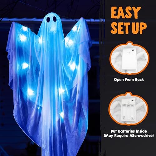 JOYIN 2 Pcs 35.5” Halloween Hanging Light up Ghost Decorations Outdoor, Halloween White Hanging Ghosts with Blue LED Lights and Timer for Haunted House Party Supplies Front Yard Patio Garden Decor