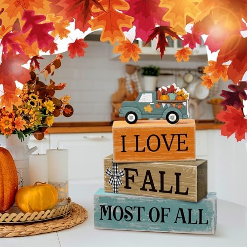 Moucuny 4 Pcs Fall Truck Table Decor, I Love Fall Wood Block Sign Home Tray