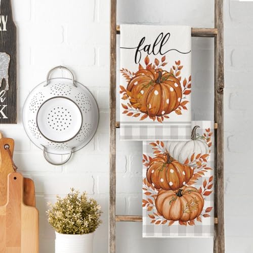 Artoid Mode Orange Pumpkin Leaves Fall Kitchen Towels Set of 2 18x26 Inch