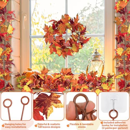 2Pack 11.8FT Fall Maple Leaf Garland for Mantle Thanksgiving Decorations