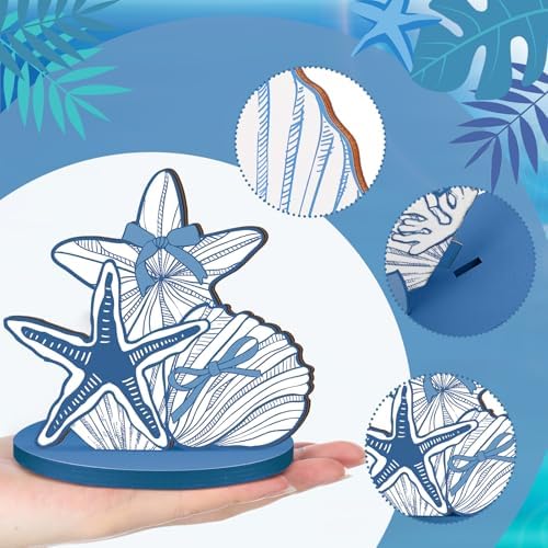 Wesiti 12 Pcs Blue Bow & Seashells Wooden Table Decor - Summer Party Decorations Ocean Coastal Centerpieces for Nautical Beach Birthday Party, Tiered Tray & Bachelorette Wedding Shower