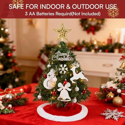 JOIEDOMI 24"/2FT Small Christmas Tree with Lights, Table Top Christmas Decor with Tree Skirt, Star Treetop and Ornaments, Battery Operated Pre-lit Artificial Xmas Tabletop for Xmas Decorations Indoor