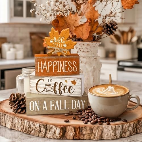 Lineshading 4 Pcs Fall Table Decor Maple Leaf Coffee Sign, Wood Block Set