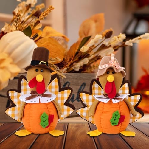 BWFY 2PC Thanksgiving Plush Turkey Couple Doll, Hand Filled Desktop Decoration, Autumn Harvest Pilgrimage Turkey Decoration Home and Desktop Cute Ornaments