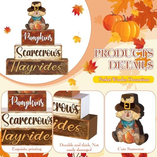 4 Pcs Fall Decor for Home Scarecrow Cute Wooden Sign Fall Tiered Tray Decor