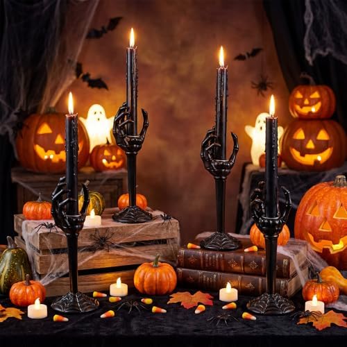 Qinyoung 2 Set Halloween Skull Taper Candle Holders Skeleton Hands Holder Candle Resin Gothic Tea Light Stand Spooky Horror Skeleton Hand Ghost Candlestick for Party Decoration Party(Black)