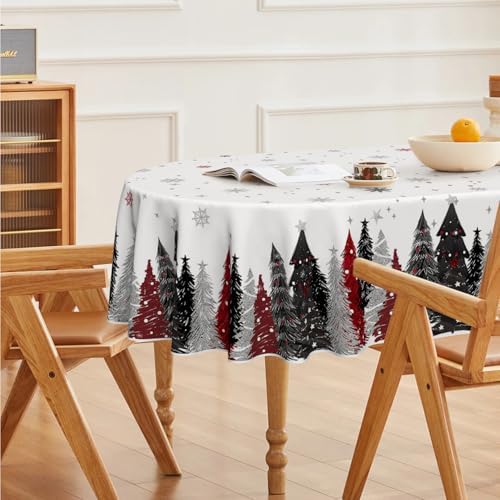 Horaldaily Christmas Tablecloth 60 x 84 Inch Oval Christmas Trees Red Black