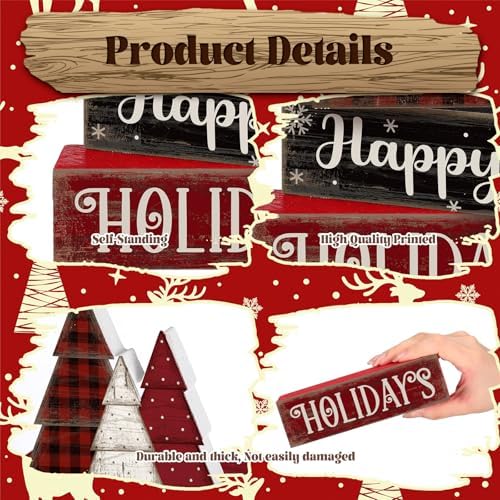 Moucuny 4 Pcs Wooden Block Signs Buffalo Plaid Holiday Farmhouse Decor