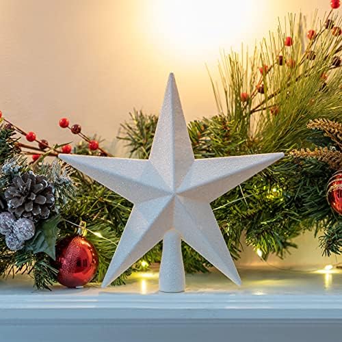 Glitter Star Christmas Tree Topper - 8" White Xmas Holiday Decor Ornament