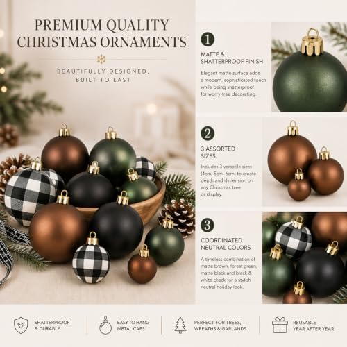 Lunmon 64 Pcs Neutral Christmas Ball Ornaments Bulk Matt Glitter Check Brown Green Black Xmas Bulbs Ornaments 1.6/1.97/2.4 Inch Modern Christmas Decorations for Tree Holiday Indoor Wreath Home Decor
