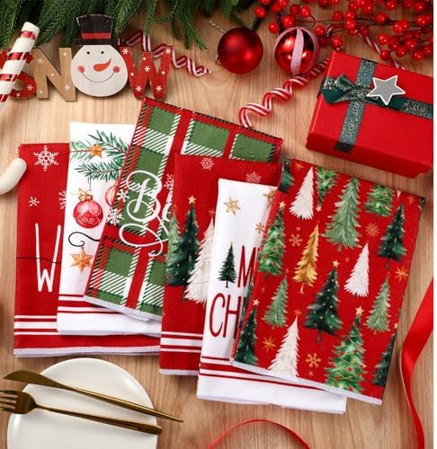 Oudain 6 Pcs Christmas Kitchen Towels Red Green Xmas Tree Tea Dishtowels Decorative Plaid Bathroom Hand Towel Farmhouse Red Green Christmas Decorations for Kitchen Bath Housewarming Home Gifts