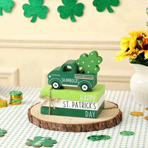 St. Patrick's Day Decor with Shamrock - Decorations for Tabletop Tiered Tray, Farmhouse Wooden Truck Signs with Book Stack, Coffee Bar Accessories, Home Bedroom Living Room Shelf and Mantle Decor