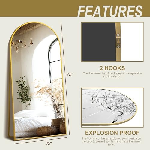 Delma Arched Full Length Mirror with Stand, 75x35 Gold Floor Mirror