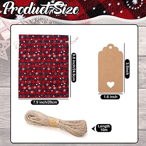 Shappy 24 Pcs Christmas Drawstring Gift Bags Xmas Buffalo Plaid Burlap Advent Bags 10 x 8 Inches Linen Treat Candy Bag with 32.8 ft Rope 24 Card(Black Red Snowflake)