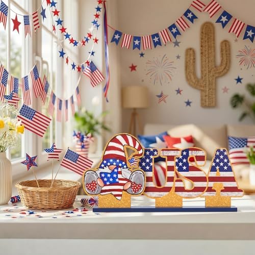 Smile Patriotic USA Wooden Standing Decor Set, 2-Piece 4th of July Tiered Tray Tabletop Signs with Gnome for Independence Day