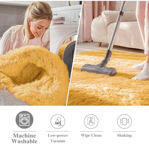 OLANLY Mustard Yellow Round Rugs for Bedroom - Machine Washable, 3 ft Circle Area Rugs for Living Room, Soft and Fluffy