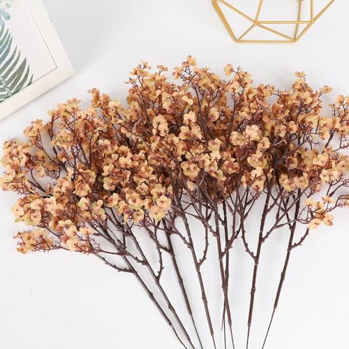8Pcs Artificial Fall Flowers Real Touch Babys Breath Fake Brown Flowers