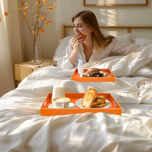 MAONAME Orange Serving Tray with Handles, Plastic Decorative Tray Set of 2