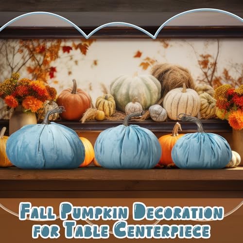 Beeveer 3 Pcs Fall Pumpkins Decor Blue Velvet Farmhouse Decorative