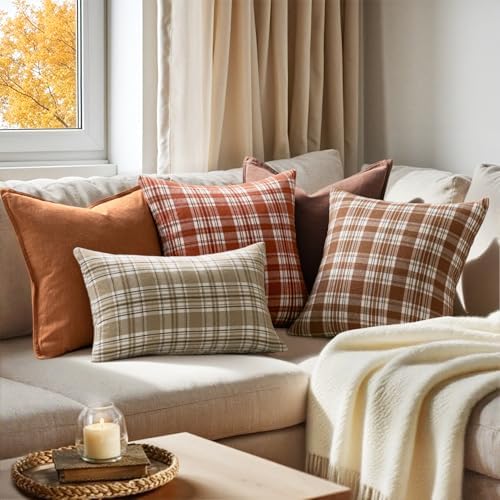 MIULEE Fall Plaid Pillow Covers Scottish Tartan 16x16 Rust Orange