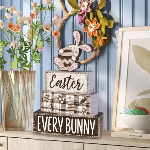 DIYDEC 4Pcs Easter Tabletop Decorations Rabbit Wooden Block Signs Bunny Tiered Tray Decor Happy Easter Centerpiece Farmhouse Wood Bunny Table Sign for Kitchen Home Office Party Decor