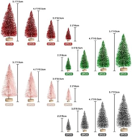 8pcs Mini Christmas Tree, Artificial Bottle Brush Trees with Wood Base, Tabletop Miniature XmasTrees with 4 Small Christmas Wreath, Fake Xmas Tree Ornament, White Christmas Tree for Christmas Décor