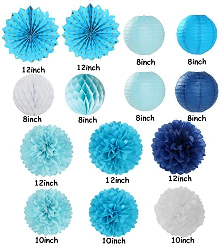 Light-Royal Navy-Blue White Party-Decorations Streamers - 14pc Boy Birthday Baby Shower Paper Lanterns Fan,Tissue Pom Poms,Honeycomb Balls,Bachelorette Bridal Wedding Engagement Decor Lasting Surprise