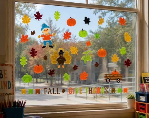 Fall Gel Cling Stickers for Windows and Mirrors - 6 Sheets of Reusable Seasonal Designs: Scarecrow, Leaves, Tractor, Pumpkins, Turkey Pumpkins and More!
