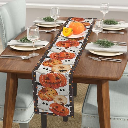 Niviy Halloween Table Runner Bat Ghost Pumpkins Web Pattern Table Decoration for Halloween Home Kitchen Dining Outdoor Indoor Holiday Farmhouse Decor 13 x 108 Inch