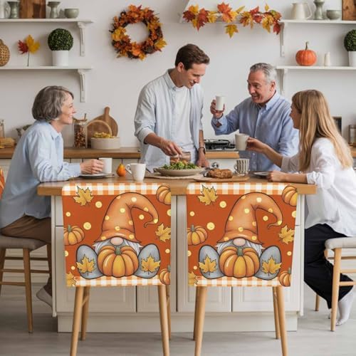 Fall Chair Covers Set of 8 Pumpkin Gnome Chair Slipcover Protector Removable Stretch Chair Covers Maple Leaf Orange Buffalo Plaid Thanksgiving Chair Back Covers for Dining Chairs Kitchen Holiday Party