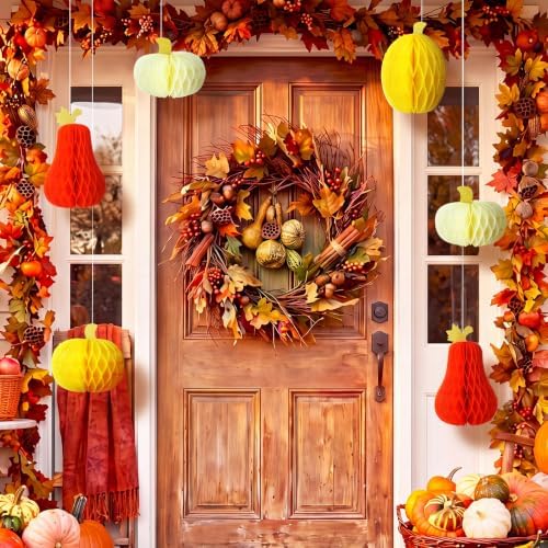 Fourluoo 6 Pcs Fall Pumpkin Table Decor, Pumpkin Honeycomb Centerpiece