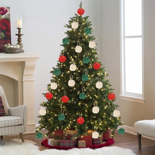 Lucleag 36Pcs Christmas Rattan Balls Decorations, 1.18in Red White Green Natural Wicker Balls Ornament Vase Filler DIY Craft with Hemp Rope for Xmas Tree Home Table Decorations Party Supplies
